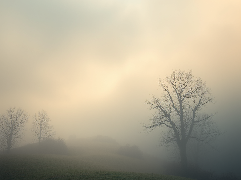 A foggy landscape with silhouetted trees against a soft, pastel sky, evoking a sense of mystery and introspection.