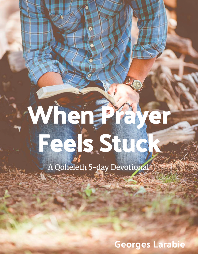 A person kneeling outdoors on grass, holding an open book, wearing a blue plaid shirt, with a calm and reflective expression, titled 'When Prayer Feels Stuck: A Qoheleth 5-day Devotional'.