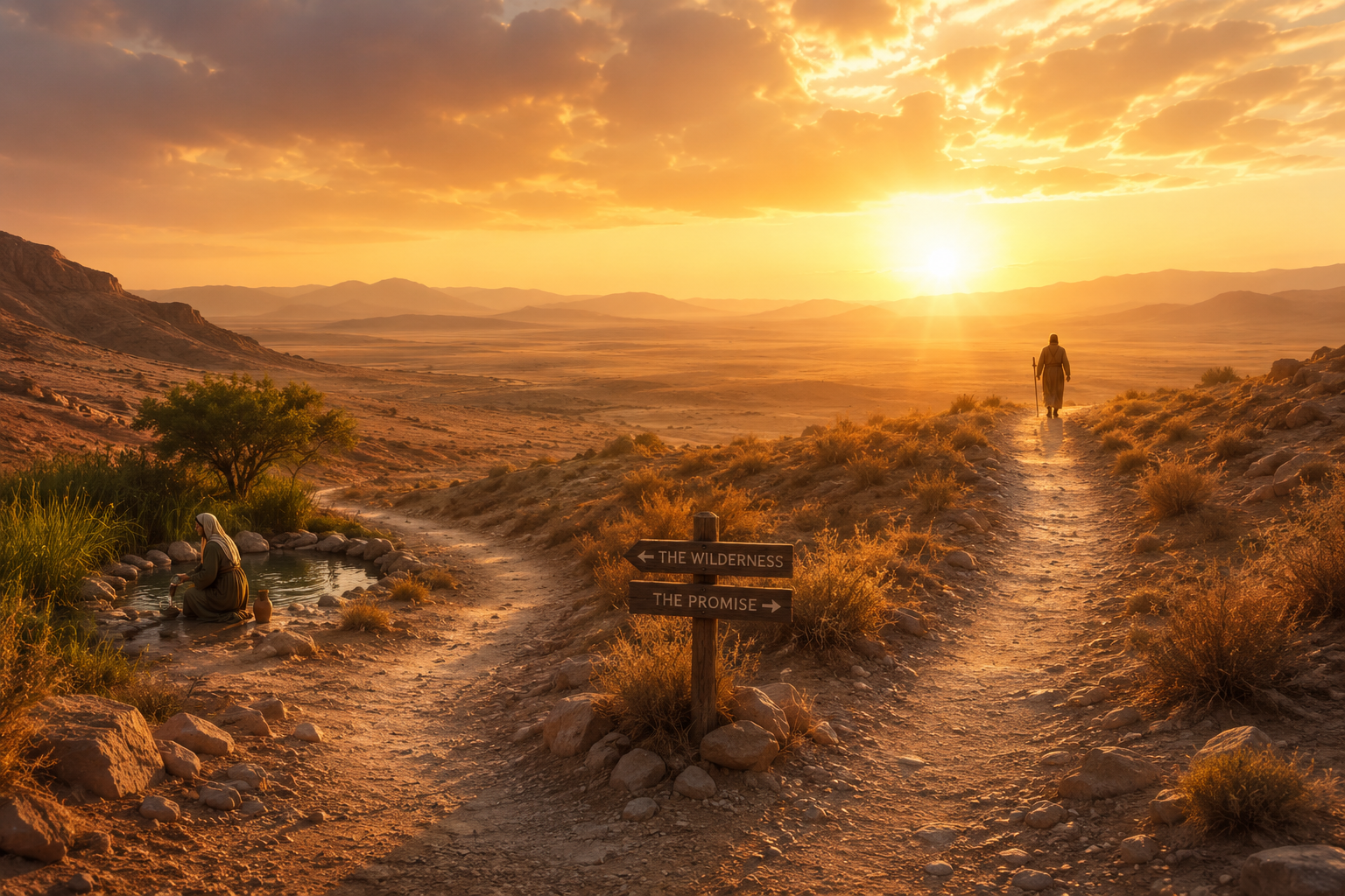 A desert landscape at dawn. In the foreground, two paths diverge. One path leads into a vast wilderness where a lone woman stands beside a spring. The other stretches toward a distant horizon where a traveler walks by faith. Soft golden light unites both paths.